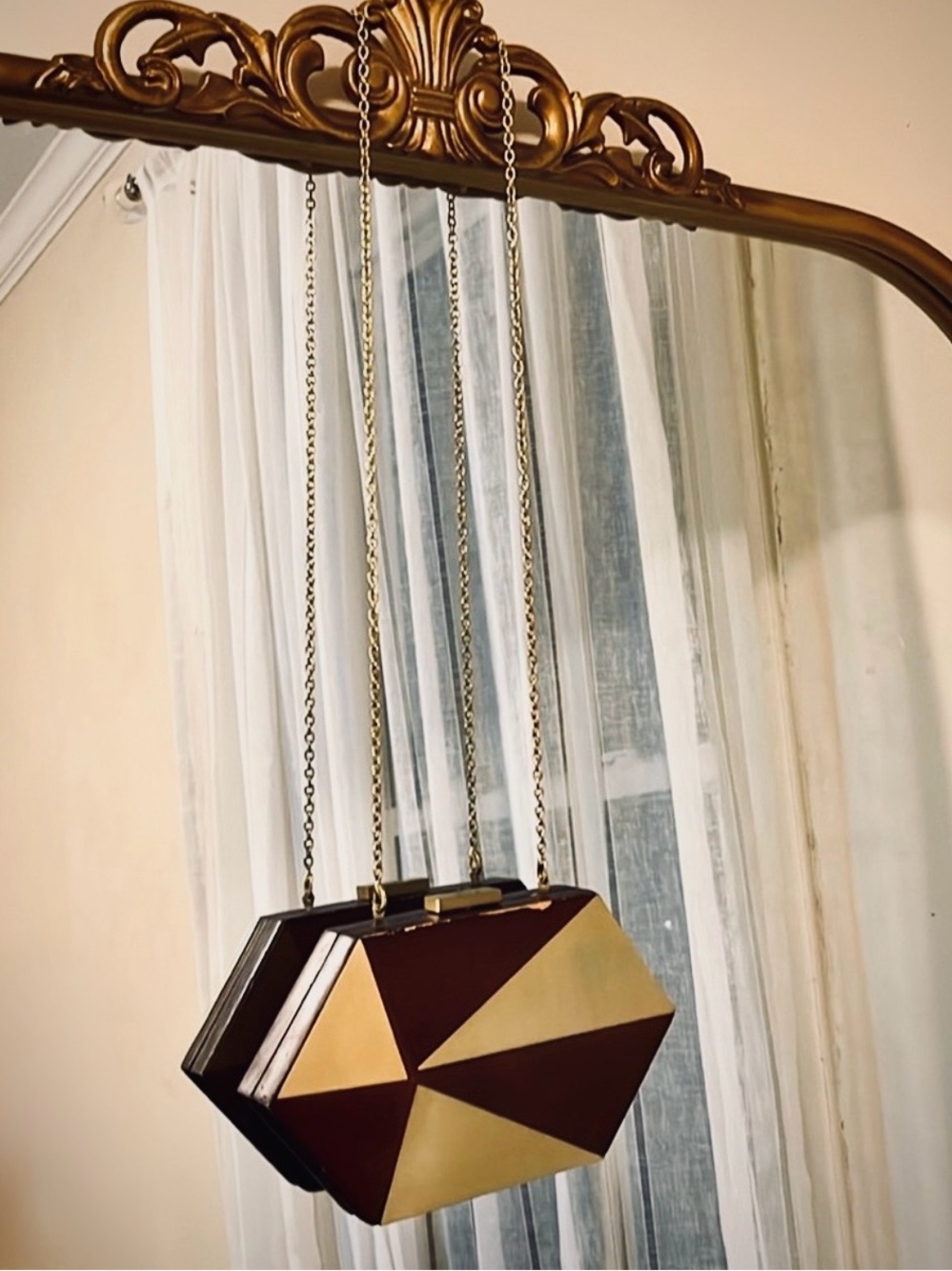 Vintage Sondra Roberts Geometric Wood Minaudière Clutch – 3D Faceted